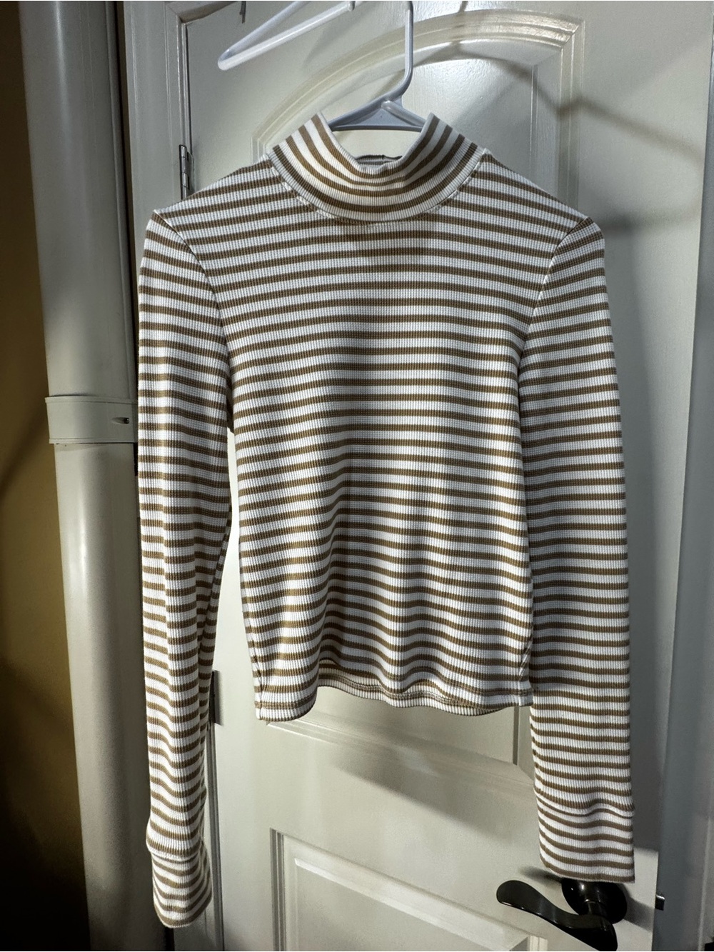 American Eagle Outfitters Cream & Tan Striped Ribbed Mock Neck Long Sleeve